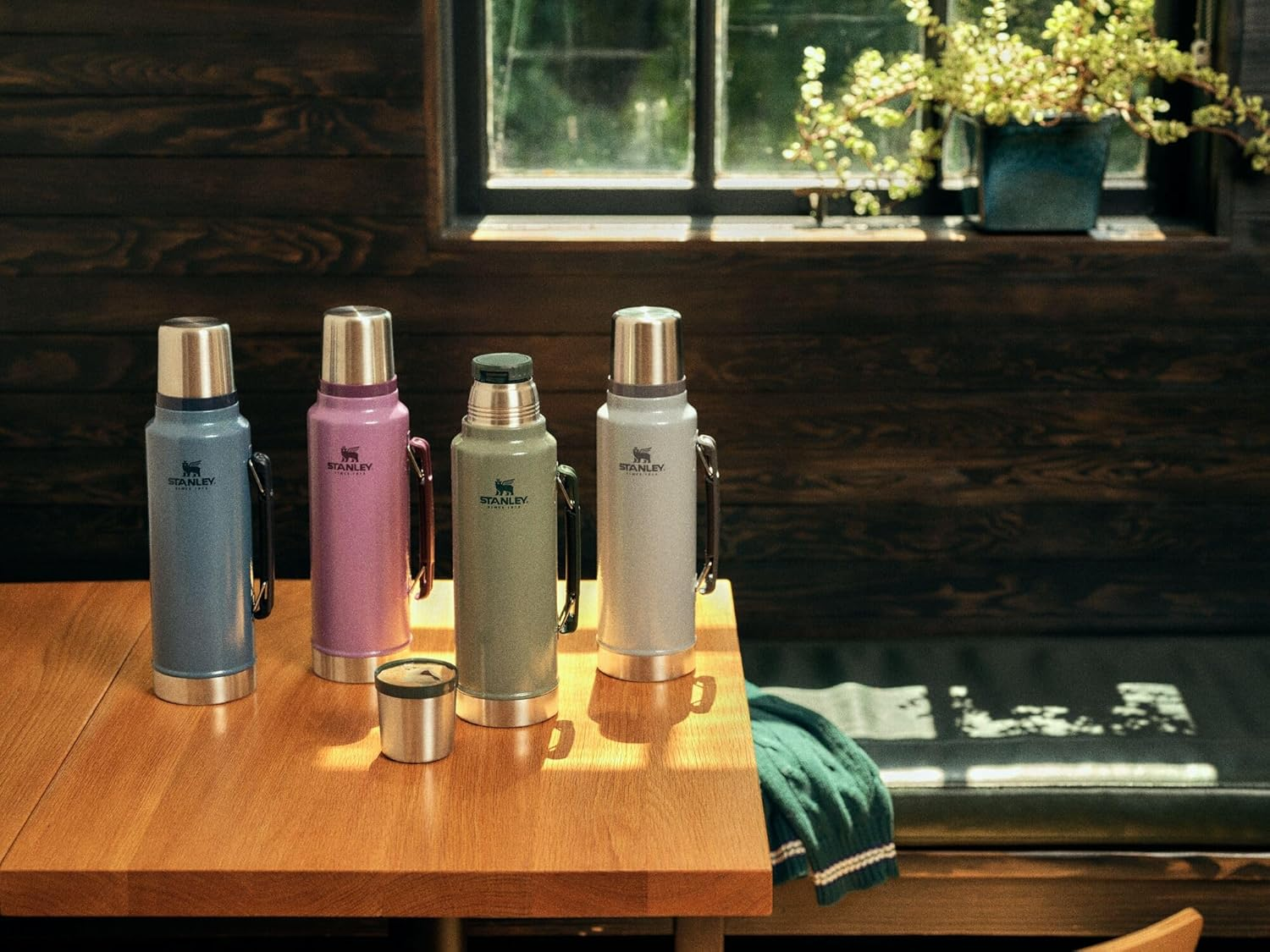 Termos Stanley en varios colores sobre una mesa de madera, iluminados por luz natural. Conseguilos en pampadirect.com