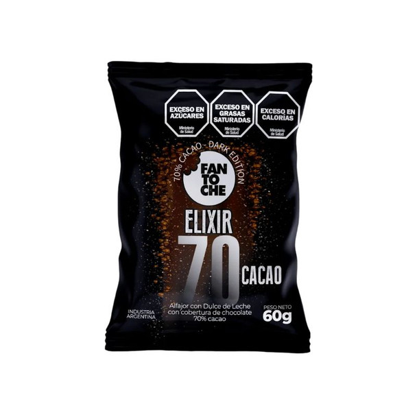 Fantoche Elixir 70% cacao alfajor with dark chocolate coating and dulce de leche filling