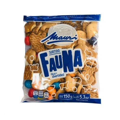 Paquete de galletitas Fauna surtido de animales de la marca Mauri, clásico argentino