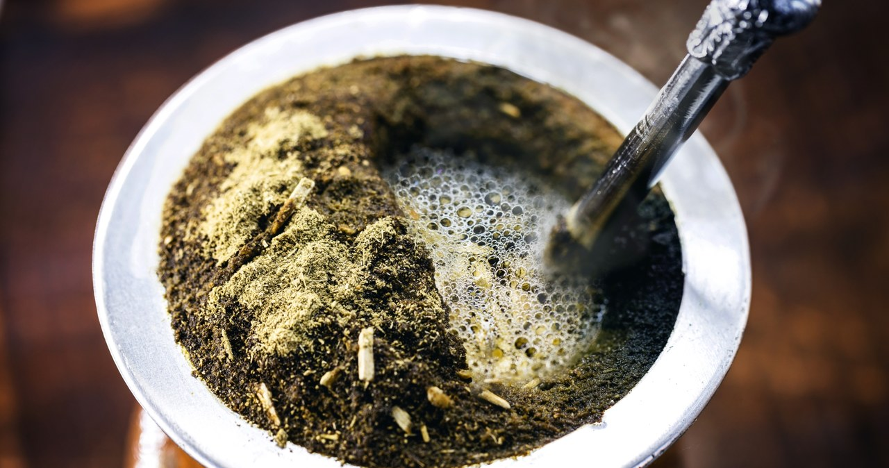 Mate argentino recién cebado con yerba de hojas y palos, mostrando espuma y bombilla de metal