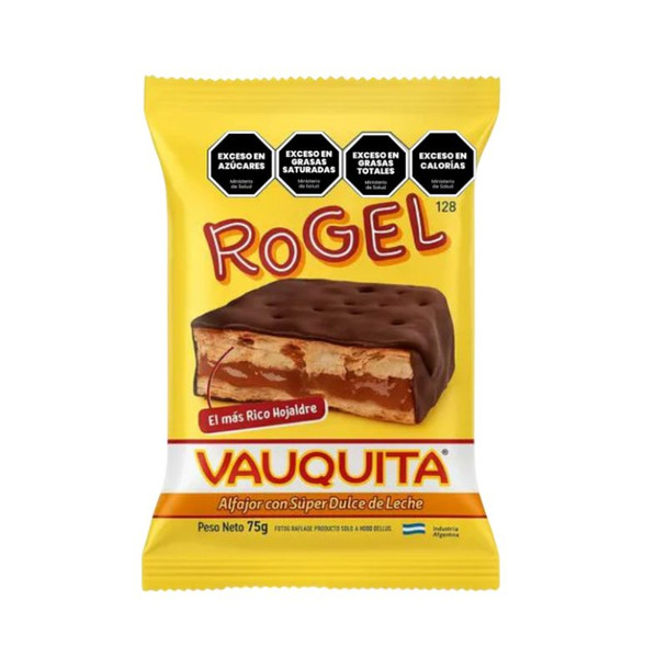 Vauquita Rogel square alfajor with flaky pastry layers, semisweet chocolate coating, and dulce de leche filling